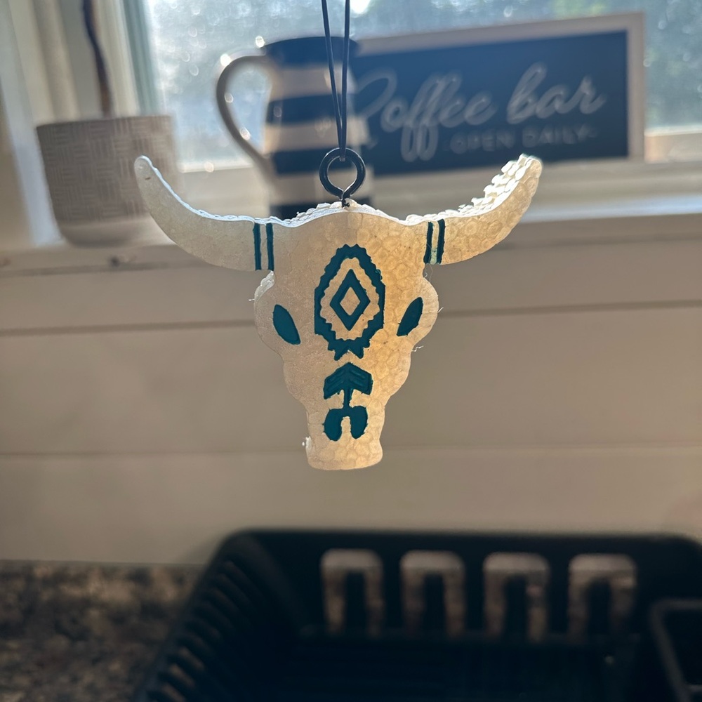 White and Teal Bull Skull